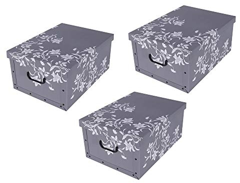 Kreher 3 Stück XXL Dekokarton mit modernem Muster Barock Blumen Grau - Tolles Motiv, passt in jeden Haushalt! Edel und hochwertig! Mit Griffen zum Tragen und XXL Volumen!