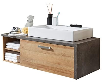 trendteam smart living - Bay - Waschbeckenunterschrank - Eiche Riviera/Beton dunkel - Badschrank hängend mit Mineralguss-Aufsatzwaschbecken - (BxHxT) 123 x 54 x 53 cm - kratzfest