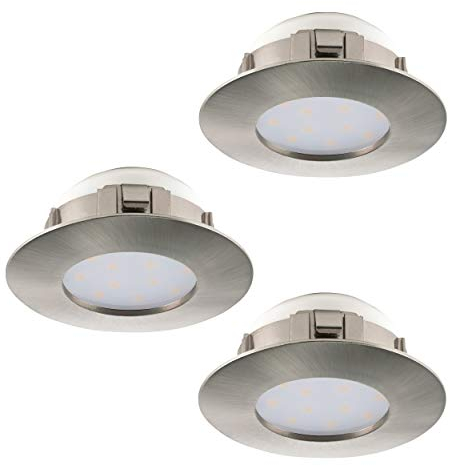 EGLO 3-er Set LED Einbaustrahler Pineda, LED Spots Set aus Kunststoff, 3 LED Einbauleuchten in Nickel-Matt, Einbaustrahler LED flach, Einbaustrahler Set warmweiß, Ø 7,8 cm