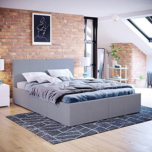 Vida Designs Veronica Double Ottoman Bed, 4 Ft 6 Bed Frame Storage Lift Upholstered Fabric Headboard Bedroom Furniture, Light Grey Linen (UKFR Certified)