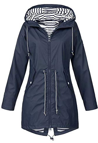 iHENGH Damen Herbst Winter Parka Mantel Warm bequem Solide Regenjacke Outdoor Jacken Wasserdicht mit Kapuze Regenmantel Winddicht Coat (EU-42/CN-M,Marine)