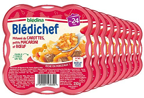 Blédina - Blédichef - Repas Bébé 24 Mois - 9 Plats Carottes Macaroni Bœuf - Petits Morceaux - Faible Teneur en Sel - Dès 24 Mois - 9 Assiettes 250g