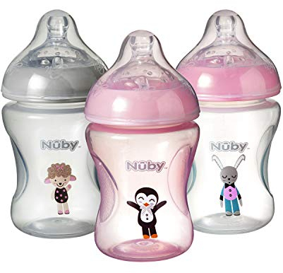 Nuby Anti Colic Baby Bottle Set – Slow Flow Easy Latch Teats | 240ml / 8oz | Includes Matching Dummy | Dishwasher Safe (Pink, Set of 3)