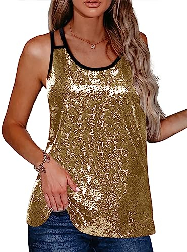 Zeagoo Damen Pailletten Tops Glitzer Oberteile Ärmellose Rundhalsausschnitt Paillettenverzierung Party Club Tank-Tops Shirt Cocktail Vest Shirt Gold M