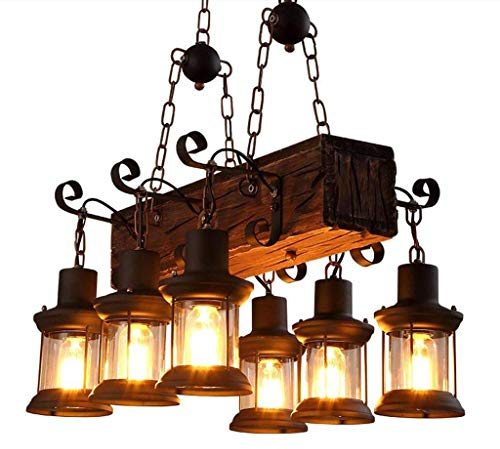 Vintage Pendellampe E27 Aus Holz Rechteckigen Industriellen Wind Kronleuchter Kette Höhenverstellbar Hängelampe Kreative Nostalgische Sechs Pendelleuchten Wohnzimmer Dachboden Restaurant Bar Cafe