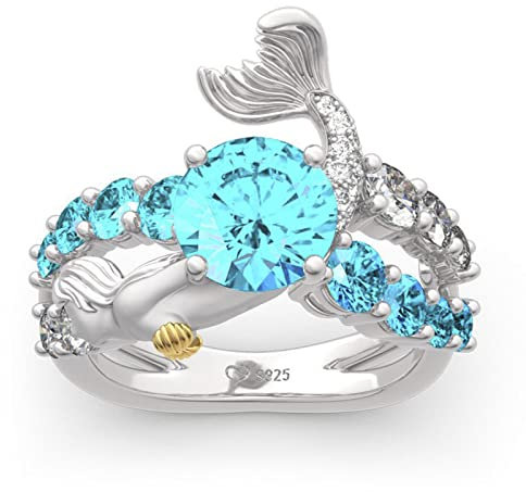 Jeulia Sterling Silber Meerjungfrau Ring Mermaid Handgemachter Damen Ring der blauen Diamant-Meerjungfrau-Muschel Jubiläum Frau mit Geschenkbox