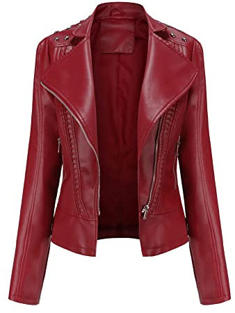 Chiodo Giacca in Pelle da Donna Giacca di Pelle con Borchie Giubbotto Biker in Ecopelle Giacca Motociclista con Cerniera Primavera Autunno Giubbino Corto in Finta Pelle Giubbotto Similpelle Rosso M