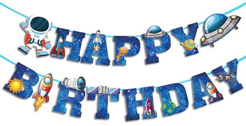 DIWULI, Happy Birthday Astro Weltraum Girlande zum Aufhängen, Spruchband, Wimpel-Kette Schriftzug, Geburtstagsgirlande, Banner Kinder-Geburtstag Junge, Geburtstagsfeier, Motto-Party Deko, Dekoration