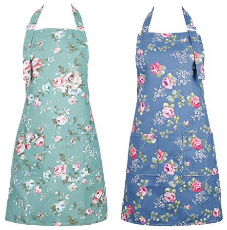 Gaosaili 2 Stück Kochschürze Damen Blumen Schürze mit großen Taschen,Blumenschürze Verstellbare Küchenschürze Kitchen Chef Aprons Grillschürze für Damen(M)