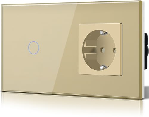 BSEED Lichtschalter mit Schuko Steckdose Glas, unterputz, 16 Amp CEE steckdosentresor, 1 Fach 1 Weg Touch Wandleuchtenschalter Gold, Flacher wechselschalter, Modern, Wasserdicht Innenschalter