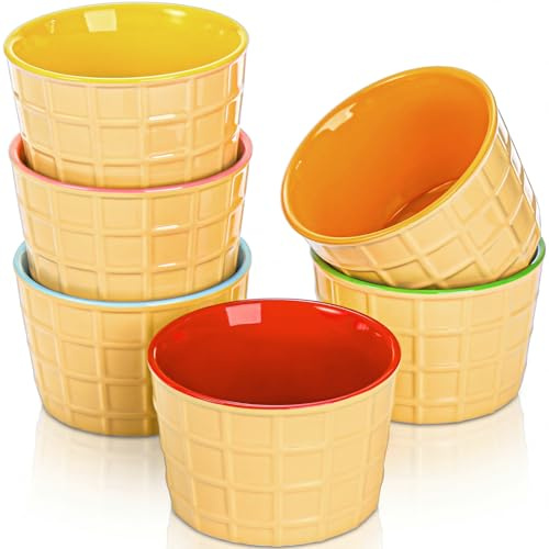 Elsjoy Set of 6 Ceramic Ice Cream Bowls, 9 oz Porcelain Ice Cream Cone Cups Waffle Cone Bowls, Reusable Dessert Serving Bowls for Sundae, Yogurt, Souffle