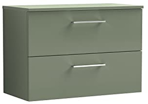 nuie ARN826W Arno Modern Bathroom Wall Hung 2 Drawer Vanity Unit with Colour Worktop, 800mm, Satin Green