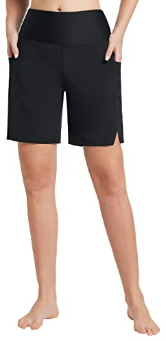 baleaf Badeshorts Damen Lang Knielang Schnelltrocknend Badehose UV Schutz UPF 50+ Schwimmhose Hohe Taille Boardshorts mit Innenslip und Taschen Schwarz 3XL