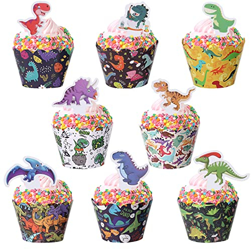Kuchen Deko Dinosaurier, Diealles Shine 48 Stück Cupcake Wrappers mit Cake Topper Dino, Niedliche Muffinförmchen Papier Kinder, Tortendeko Dinosaurier fur Geburtstag Party