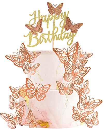 Xsstarmi 25 Pack Butterfly Cake Toppers Glitter Happy Birthday 3D Butterfly Cupcake Toppers Butterfly Birthday Cake Decorations for Wedding Baby Shower kids Birthday Party Supplies Rose Gold