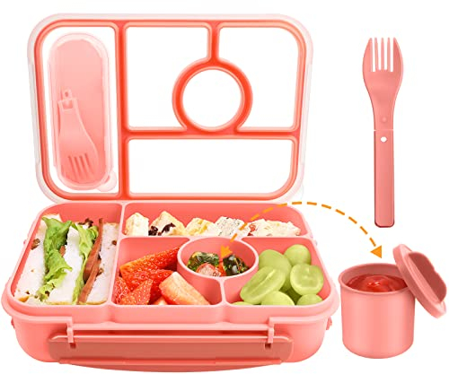 Amathley Brotdose Kinder mit Fächern,Bento Box Kinder,Brotdose Erwachsene,1300ML Lunchbox mit 5 Fächern und Saucenbehältern,Mikrowellen-und Spülmaschinenfest,BPA-frei und Wiederverwendbar (Rosa)