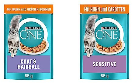 PURINA ONE Coat & Hairball Katzenfutter nass in Sauce, mit Huhn, 26er Pack (26 x 85g) & Sensitive Katzenfutter nass, zarte Stückchen in Sauce mit Huhn, 26er Pack (26 x 85g)