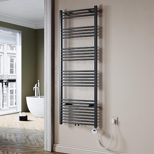SUNXURY Badheizkörper Elektrisch Anthrazit 1640x600 mm Gebogen Handtuchwärmer Handtuchheizkörper Elektrisch mit Mini-Thermostat Auswählbar Panel Handtuchhalter Wasser Mittelanschluss 900 Watt