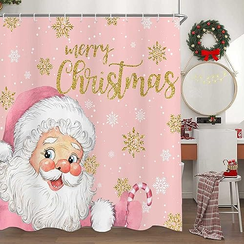 Duschvorhang mit Weihnachtsmann-Motiv, wasserdicht, lustiger Weihnachts-Schneeflocken-Vorhang mit 12 Haken, 91,4 x 178,8 cm, Rosa