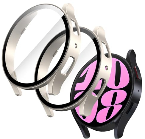 JETech Coque avec Protection D'écran pour Samsung Galaxy Watch 6 40mm, Étui de Protection Complète, Film en Verre Trempé Intégré Haute Sensibilité, Lot de 2 (Crème)