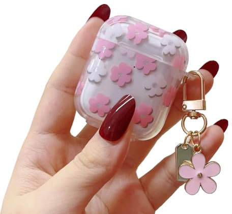 Faneiy Custodia protettiva per AirPods di seconda e prima generazione con portachiavi, custodia protettiva per auricolari con motivo floreale rosa trasparente, in morbido TPU trasparente per AirPods 2