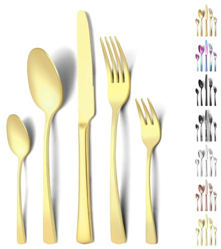 Funnydin Juego de cubiertos de 30 piezas, cubiertos de acero inoxidable, cuberterias completas 6 personas con tenedor, cuchillo, cucharilla, apto para lavavajillas, look champán elegante