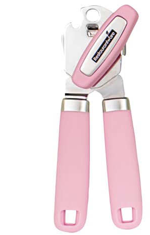 Restaurantware Comfy Grip 7.6 x 1.9 x 2.1 Inch Can Opener 1 Durable Manual Can Opener - Sharp Wheel Blade Grip Handle Pink Stainless Steel Hand-Held Can Opener Built-in Bottle Opener