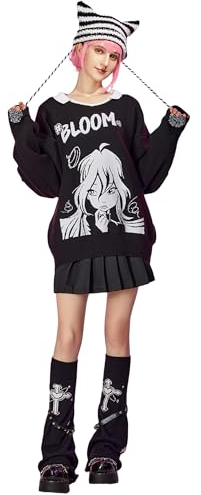 Winx Club Damen-Pullover, langärmelig, Blütendruck, lässig, Herbst-Sweatshirt, Schwarz, Schwarz, L