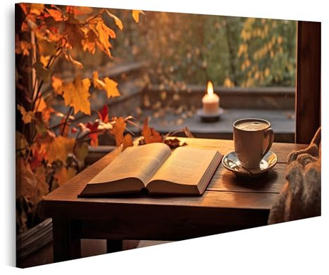 islandburner Prime Bild auf Leinwand Tasse Kaffee Buch Fensterbank Herbst Draußen Gemütlich Deko Bilder Wandbilder Poster