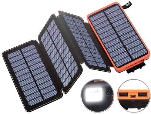 revolt Solar Ladegerät: Solar-Powerbank mit faltbarem 8-W-Solarpanel, LED-Lampe, 16 Ah, 2,1 A (Powerbank mit Taschenlampe, Ladegerät, iPhone Ladestation)