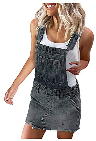 Gonna in jeans, lunghezza al ginocchio, gonna in jeans, corta, elasticizzata, in jeans, estiva, in jeans, stile vintage, salopette, salopette da donna, grigio., S