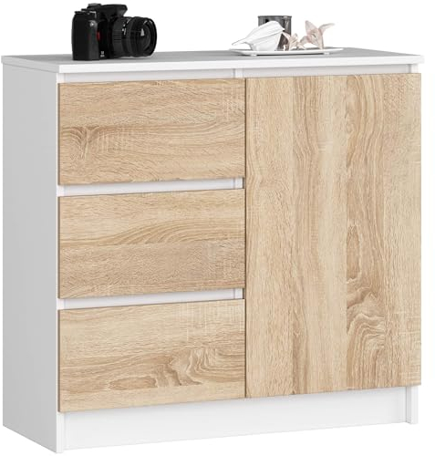 AKORD Kommode K-80 Jerry mit 3 Schubladen | Schrank mit 2 Einlegeböden und 1 Tür | Für das Wohnzimmer Schlafzimmer | Moderne | 16mm Laminierte Platte | 80x77x35 cm | Weiß + Sonoma Eiche Front