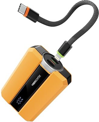 VEEKTOMX PD 30W Power Bank Carga Rápida 10000mAh, Compacto Bateria Portatil con Cable USB C Integrado Desmontable, Mini Batería Externa Universal Compatible con iPhone 15/14/Samsung/MacBook (Amarillo)