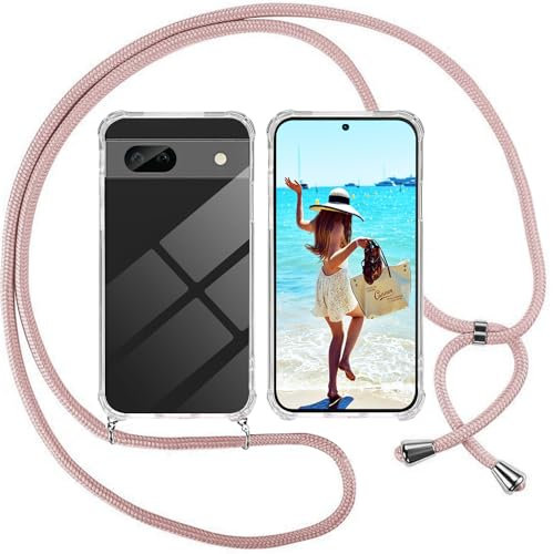 ISOI Coque pour Google Pixel 8a avec Cordon - Tour de Cou Lanière en Corde - Transparente Silicone Housse avec Cordage Lanyard Case pour Google Pixel 8a Collier Cover, Rose
