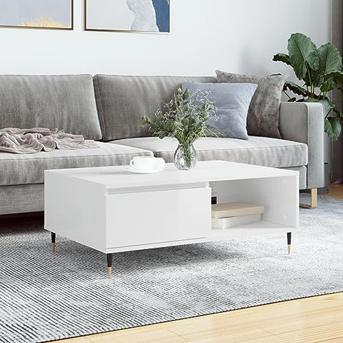 Homvdxl Moderner Couchtisch, Mitte des Jahrhunderts, Wohnzimmer-Mitteltische mit Tür und offenem Stauraum, 90 x 60 cm, Beistelltisch für kleine Räume, Schlafzimmer, Büro, klassisch, Weiß, Hochglanz