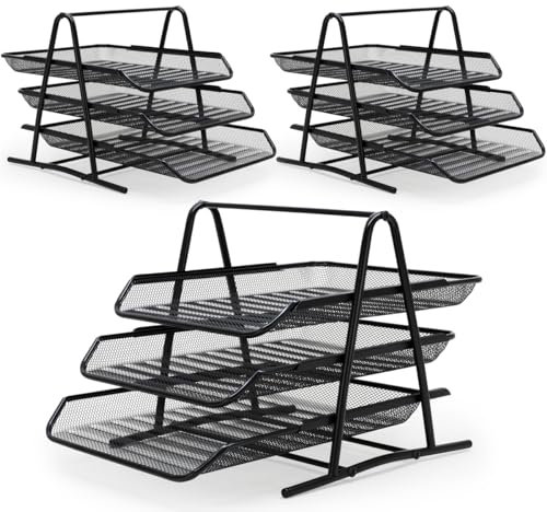 WAYTEX Lot de 3 Trieurs avec Corbeilles à courrier en Métal Mesh Noir Coulissantes, Trieur de Bureau sur 3 Niveaux, en Fils Métalliques, Organiseur de Bureau pour Documents