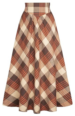 SCARLET DARKNESS Jupe de sorcière Gothique pour Femme, smockée, Taille élastique, Automne, Jupe Maxi Corsage, Carreaux Marron, L