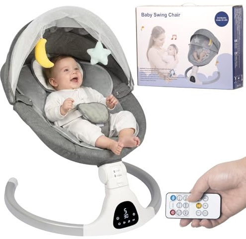 JFOVMCYG Columpio eléctrico para recién nacido con control remoto, 5 velocidades de balanceo, temporizador 8/15/30 min, arnés de 5 puntos, asiento lavable, estructura estable – Gris