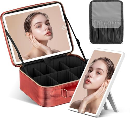 JUSRON Make-up Tasche mit Spiegel-3 Farben LED Licht, Reise Kosmetiktasche mit LED Spiegel, Tragbare Schminktasche mit Verstellbaren Trennwänden（Rot）