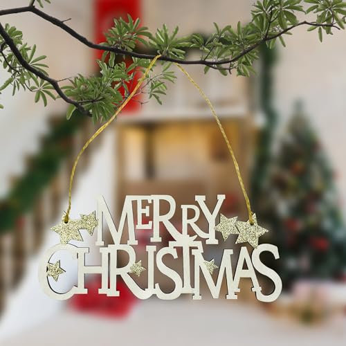 Trimming Shop Wooden Merry Christmas Hanging Sign & Plaque for Door & Windows, Gold Glitter Star Xmas Ornaments for Home Indoor & Outdoor