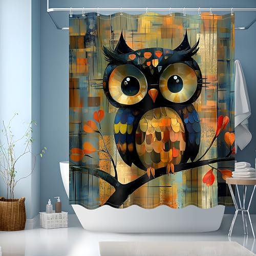 JINGYOU Tenda Doccia 150x180,Tende da Doccia,Tenda per Doccia Lavabili Tende per Vasca da Bagno Motivo Gufo Colorato con Ganci Tendina Doccia Con 12 Anelli(150x180cm)