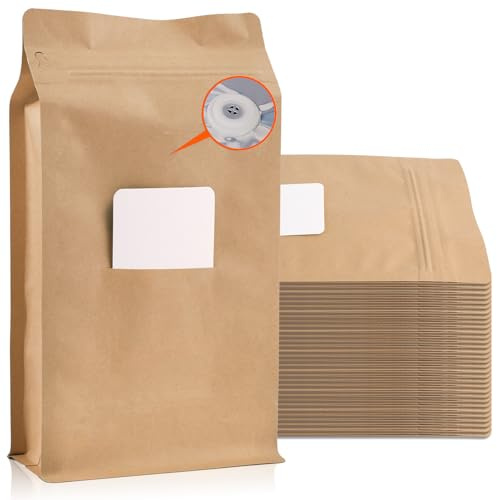 New Coffee Bags with Valve (50 PCS, 32 oz/2 lb) Kraft Paper Stand Up Pouches with Card Slot, High Barrier Aluminum Foil Flat Bottom Resealable Coffee Bean Storage Bags Heat Seal Side Zipper Pouches