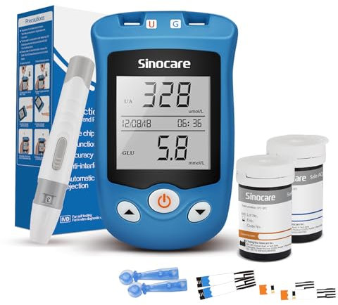 sinocare Uric Acid & Blood Sugar Monitor, 2 in 1 Meter, Uric Acid Testing & Blood Glucose Test Kit, 25pcs Uric Acid Test Strips + 25pcs Blood Suar Test Strips & 50pcs Lans., for Home Use UK