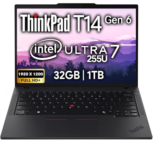 Lenovo ThinkPad T14 Gen 6 Business Laptop 14 FHD+ IPS, Intel Ultra 7 255U, 32 Go de RAM DDR5, 1 To SSD, webcam 5 MP, empreintes digitales, rétroéclairé, Wi-Fi 6E, 2 Thunderbolt 4, AI PC, W11P