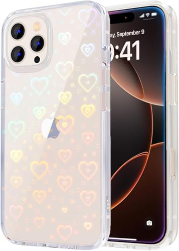 Riccase for iPhone 14 Pro Max Case, Clear Cute Glitter Holographic Heart Phone Case for Girls Women, Anti-Yellow Protective Hard PC Cover Soft Silicone Frame for iPhone 14 Pro Max, Rainbow Heart