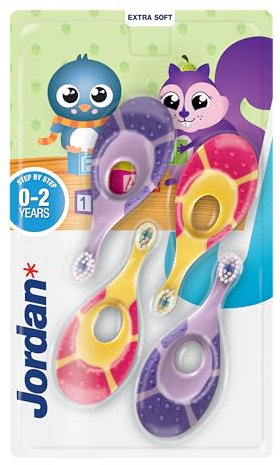 Jordan* ® Schritt 1 Baby-Zahnbürste, 0–2 Jahre, weiche Borsten, BPA-frei, Rosa und Lila, 4 Stück