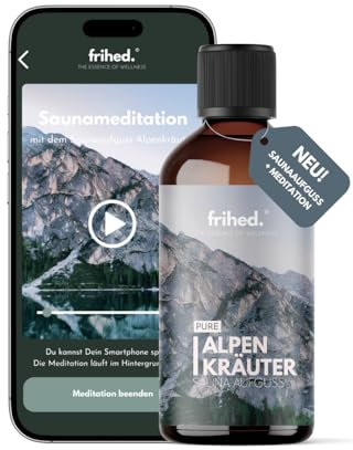 frihed.® Saunaaufguss Alpenkräuter mit App Meditation - Hochkonzentriertes Kräuter-Öl - tiefenwirksam - Langanhaltender Duft - Made in Lüneburg