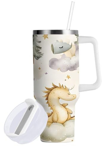 Sevdomey 40 oz Watercolor Dragons Tumbler with Handle and Straw Lid for Water Iced Tea or Coffee, Stainless Steel Insulated Leak-Proof Travel Coffee Mug Cup Gifts