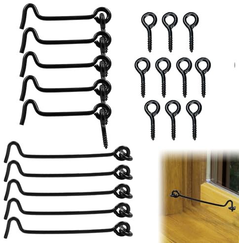 Bansusu 10 Pcs Hook and Eye Latch with Mounting Screws Black Latch Hooks Robust and Durable Hook Lock Silent Holder Garden Gate Latchs for Door Gate Window Closet Shed