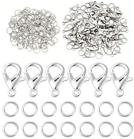 600 Stück Silber Kettenverschluss Set, 200 Stück Karabinerverschlüsse, 12x7mm, mit 400 Öffnen Biegeringe, Armband Verschluss, Verschluss für Ketten, Schmuckverschluss für Armband, Halskette, Basteln